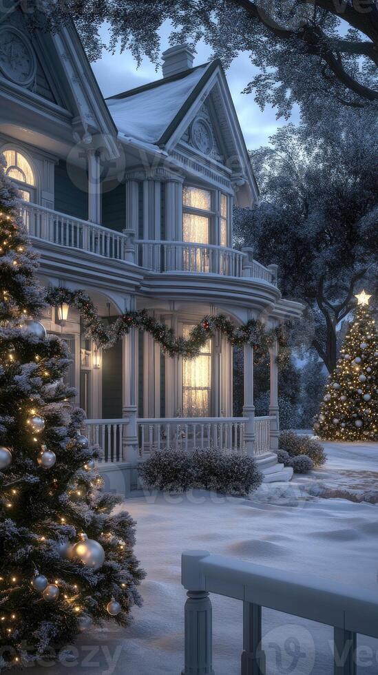 A beautiful house with a christmas tree in front photo