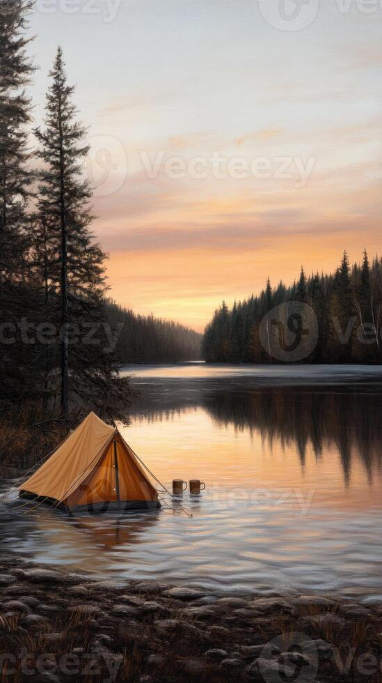 A painting of a tent in the water at sunset photo