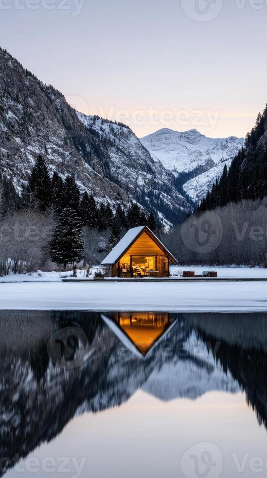 A cabin sits on the shore of a lake surrounded by mountains photo