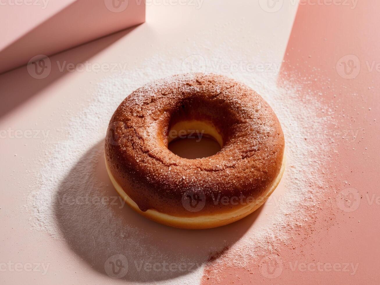 A donut on a pink background with powdered sugar photo