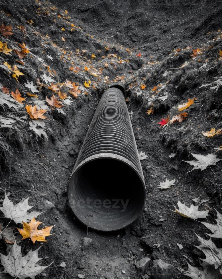A black and white photo of a pipe in the ground