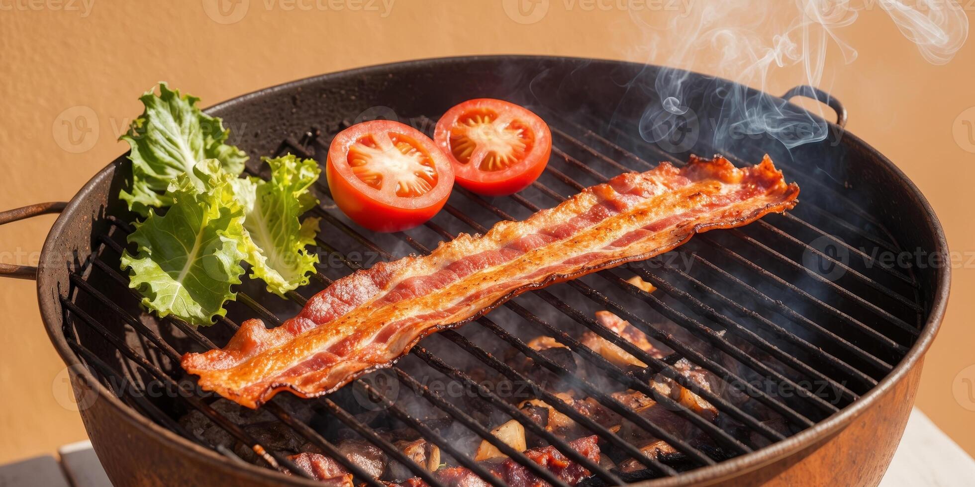 Sizzling bacon on a barbecue grill a mouthwatering outdoor feast with smoke and rich colors photo