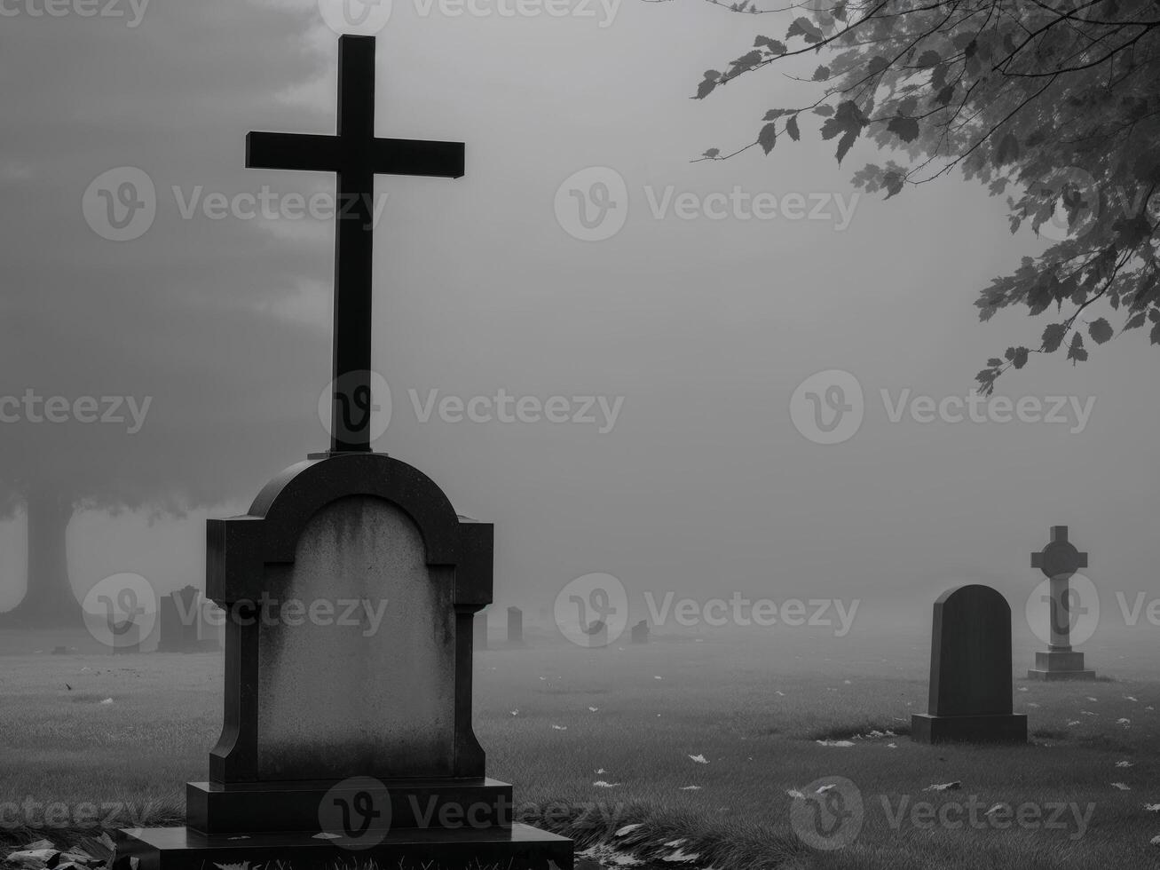 A black cross sitting on top of a grave in a cemetery. photo