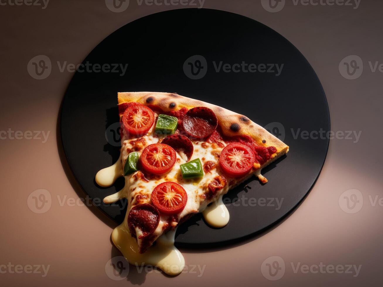 Mouthwatering Slice of Melting Pizza with Toppings and Dripping Cheese on Dark Background. photo
