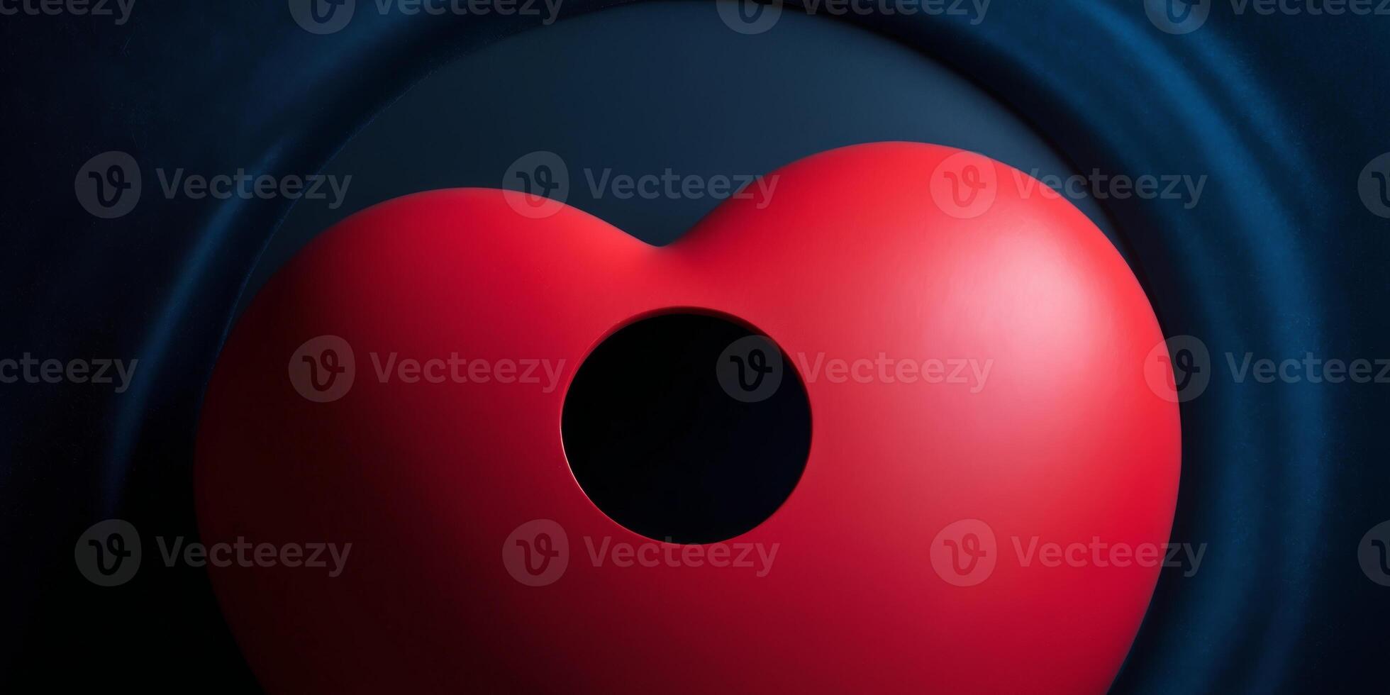 A red heart with a window inside on a dark blue background. photo