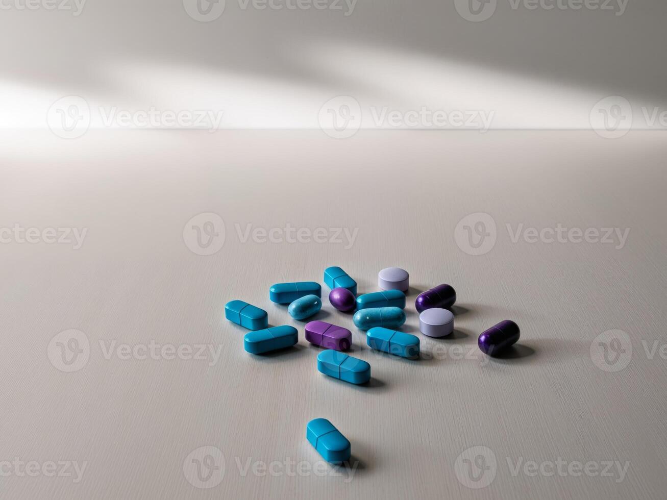 The table is covered with blue and purple pills. photo