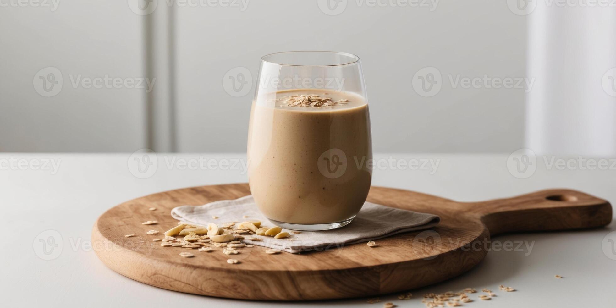 A glass of milk with nuts on a wooden board photo
