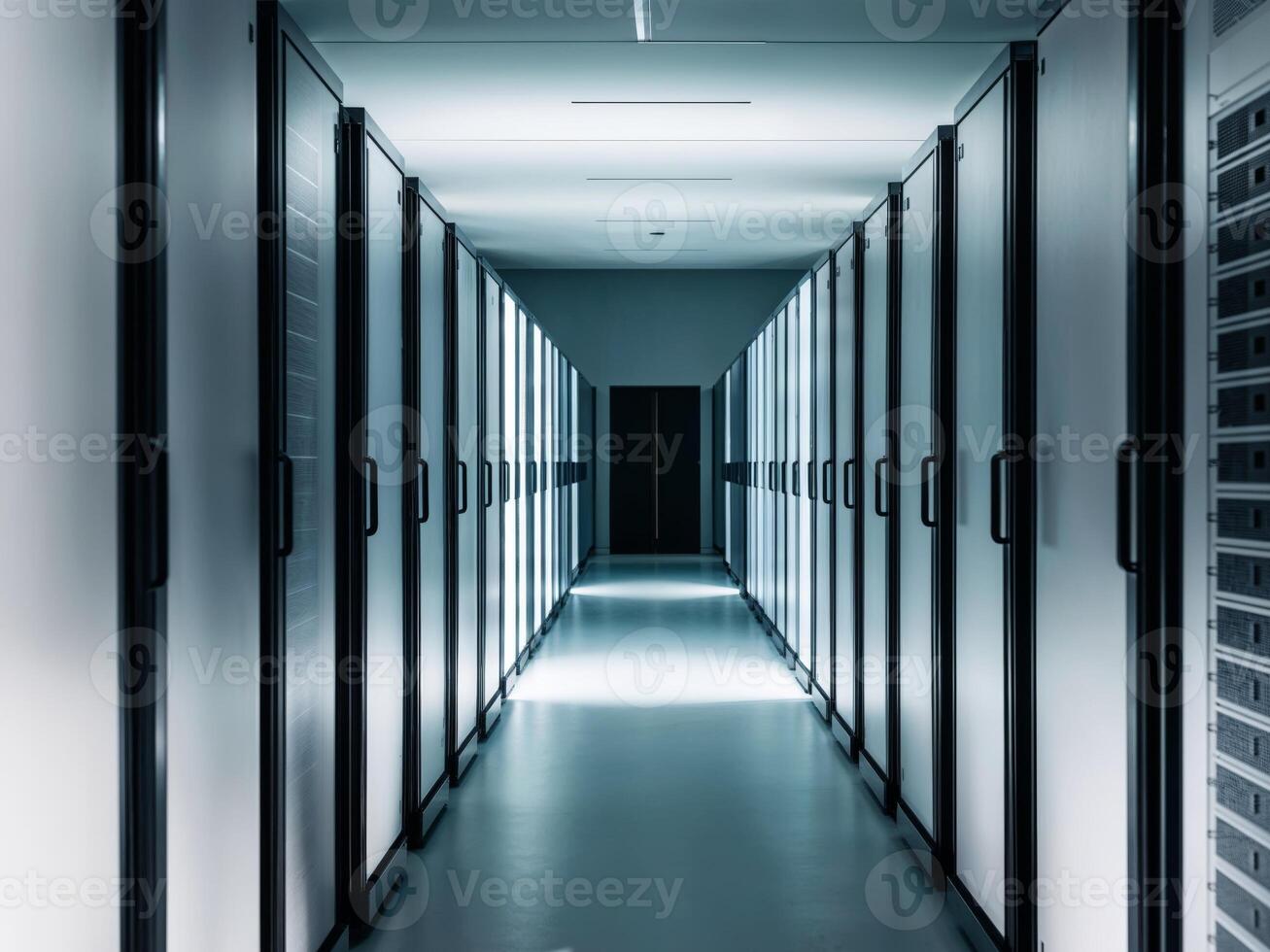 A long hallway with rows of servers in a data center photo