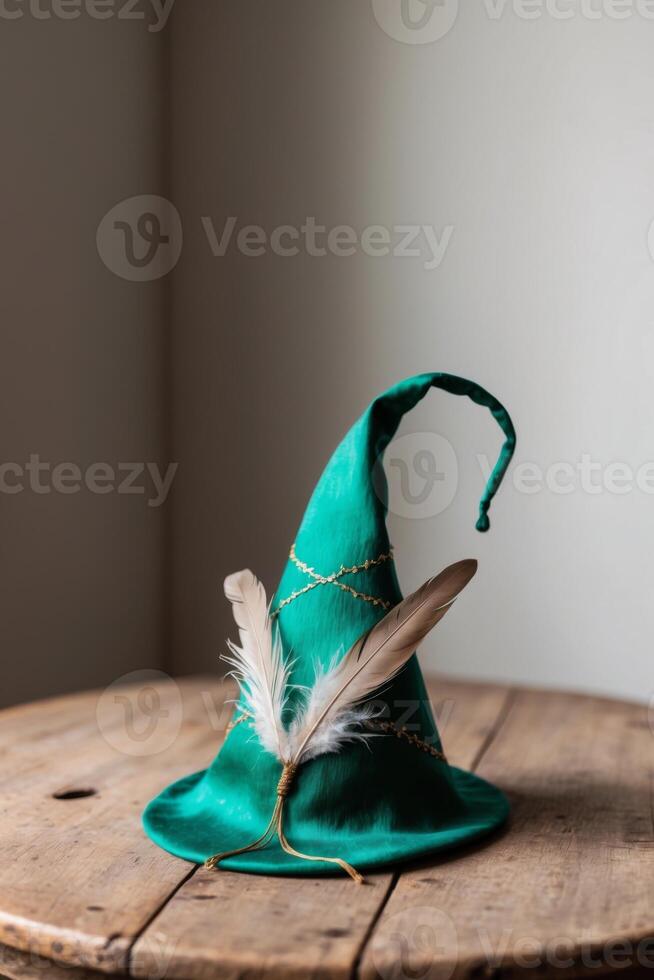 A green wizard hat with feathers on top of a wooden table photo