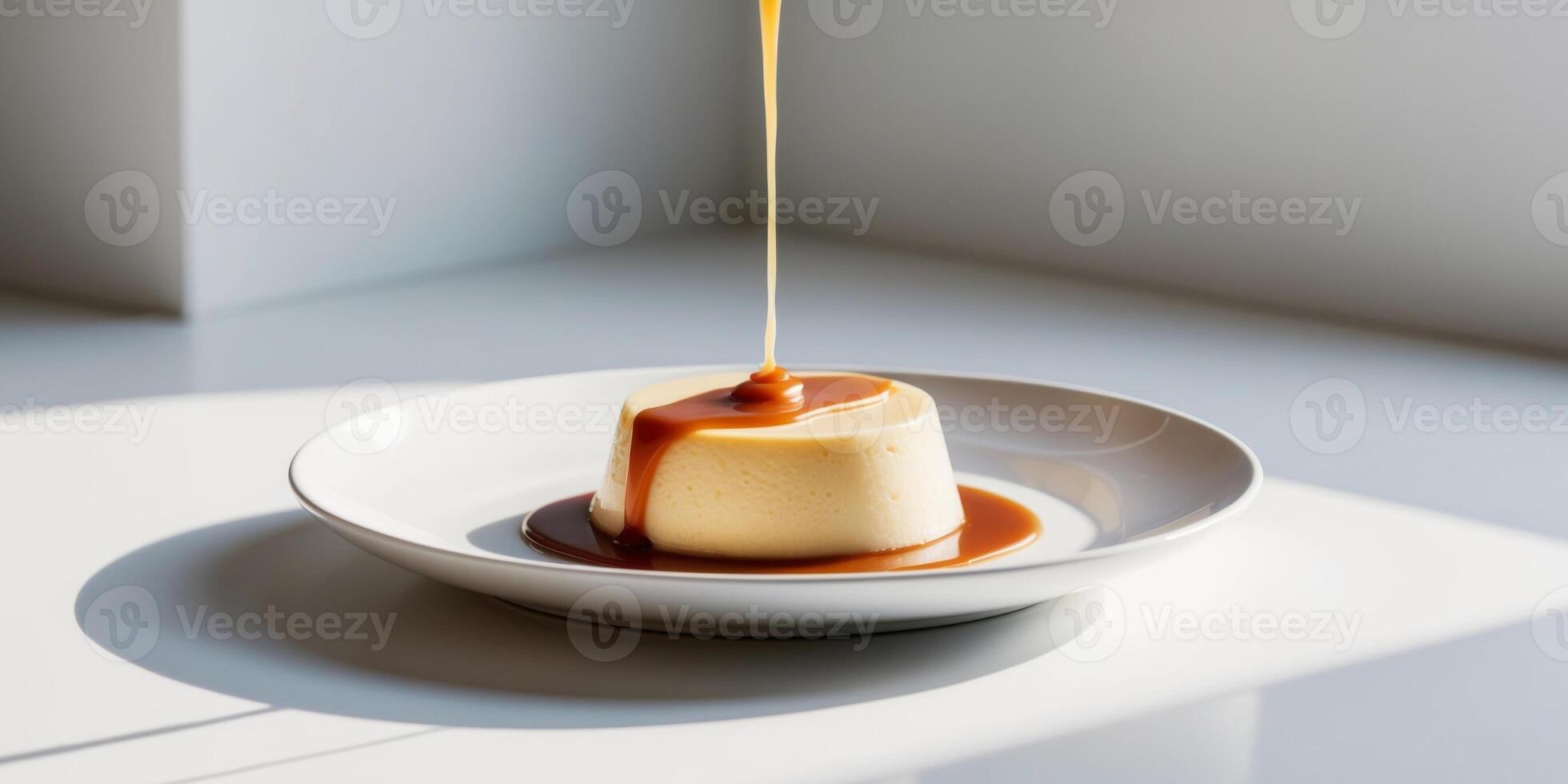 Creamy flan dessert with caramel sauce on white plate. photo