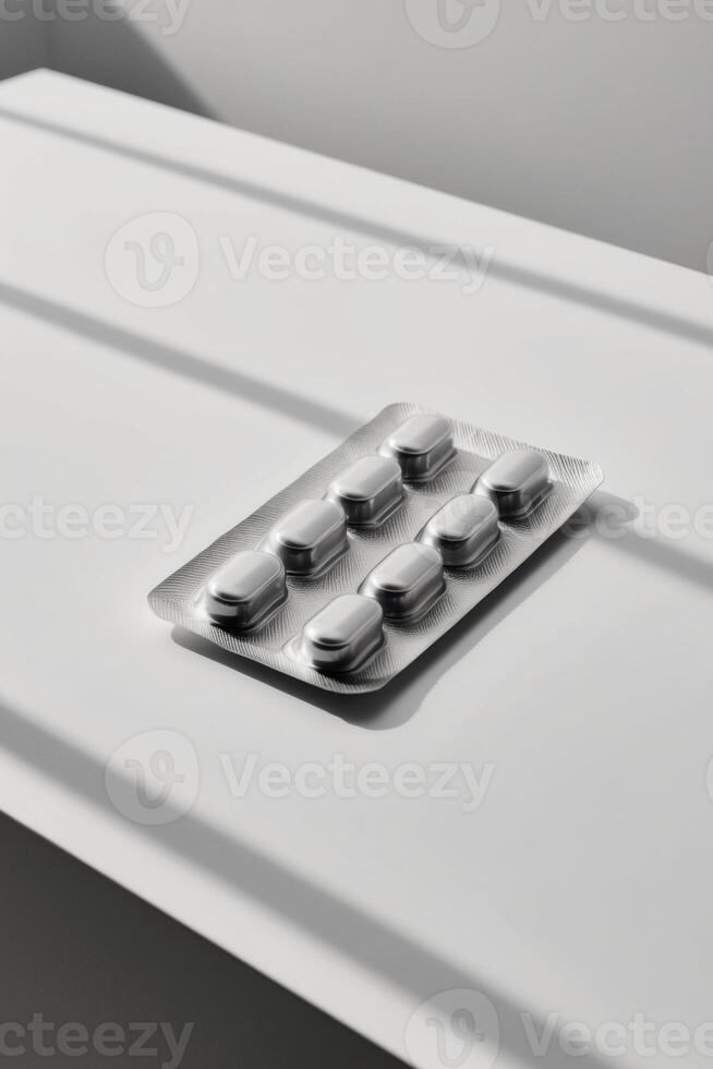 Pack of six pills in a blister pack laying on a white surface. photo