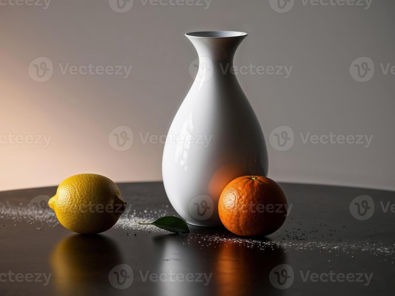 A vase with a lemon and an orange on a table. photo