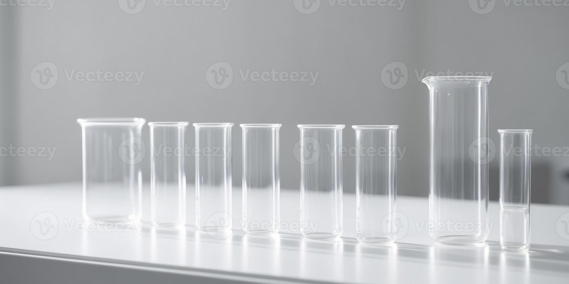 A row of glass beakers and test tubes sit on a white table. photo