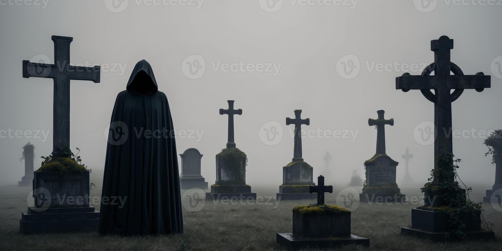A grim reaper stands in the middle of a graveyard photo