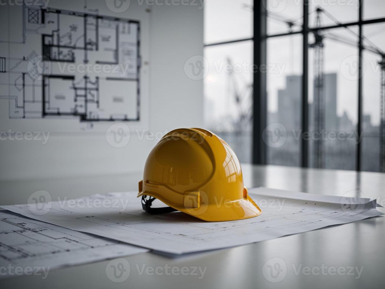 Yellow construction helmet on white paper with building plans and cranes in the background. photo