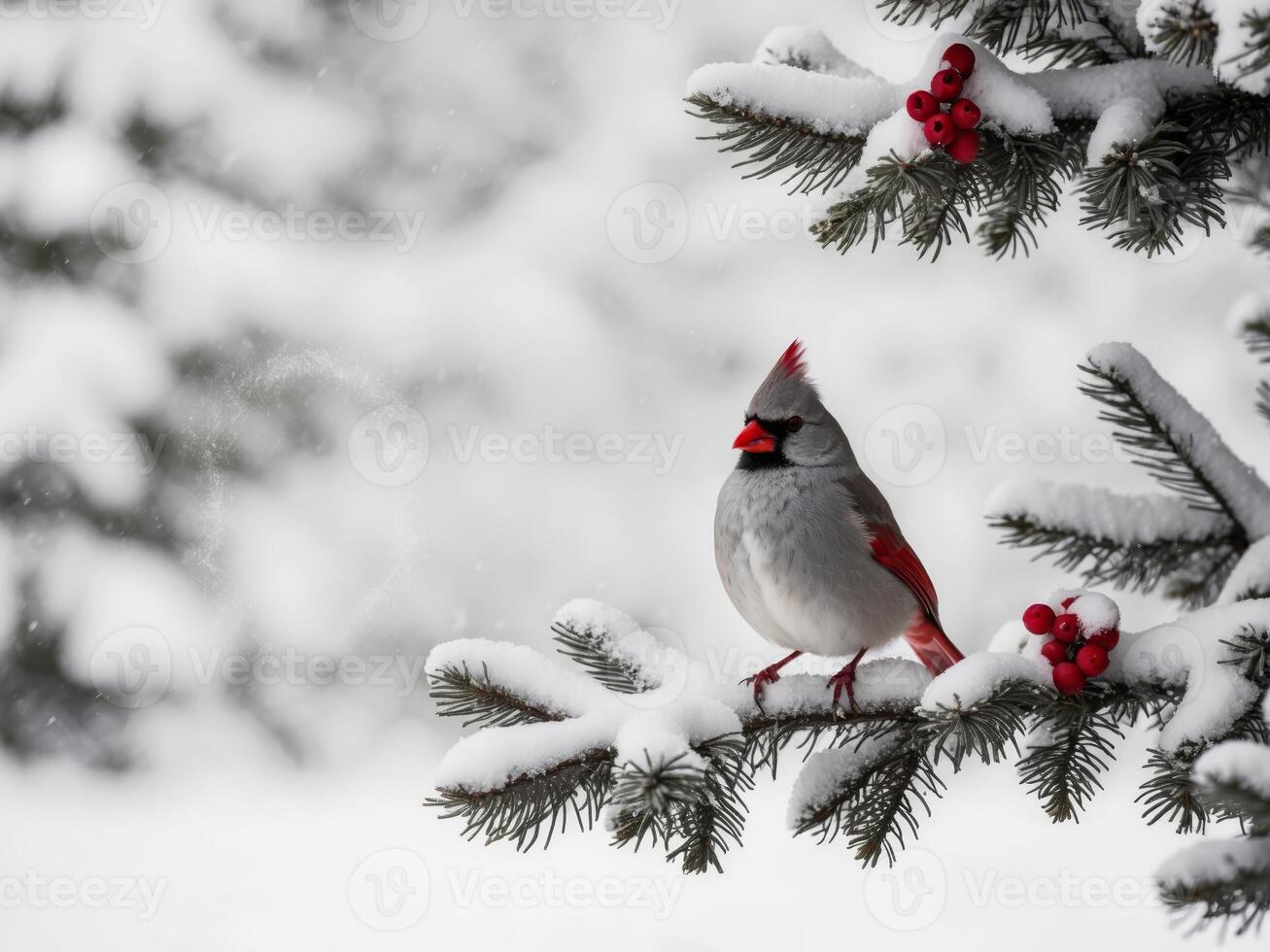 A cardinal bird sits on a branch in the snow photo