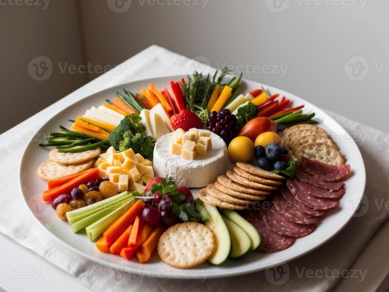 A platter of cheese, crackers, fruit and vegetables photo