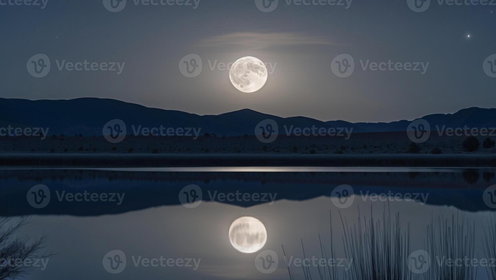 A full moon is reflected in a lake photo