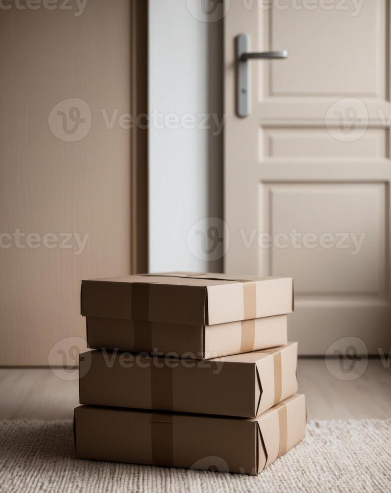 A stack of brown cardboard boxes sitting on a rug photo