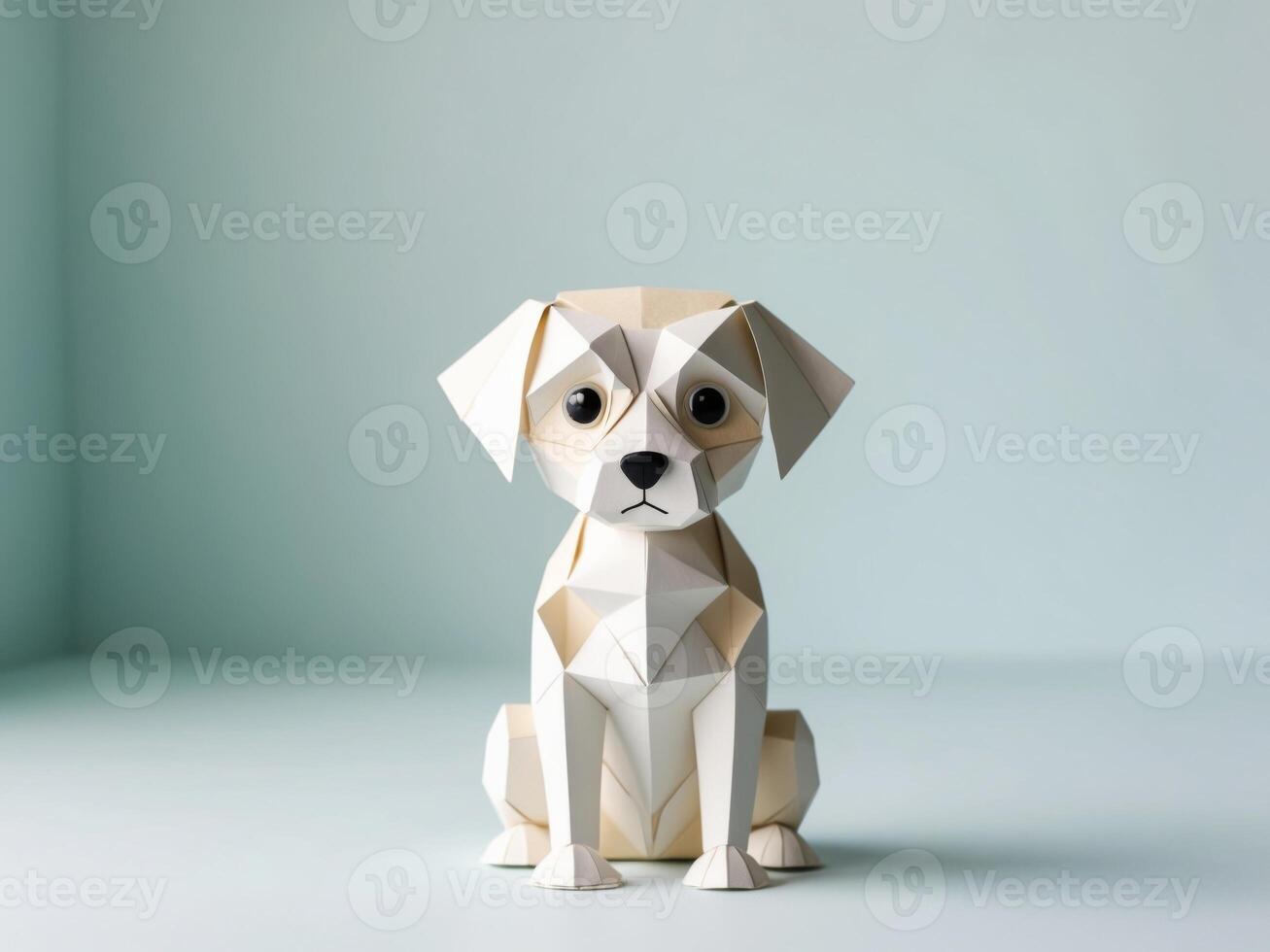 paper craft model of cute puppy dog in sitting position on light blue background with copy space. photo