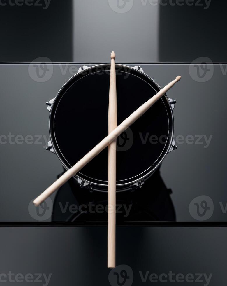 Drumstick and drum on black table top view music idea. photo