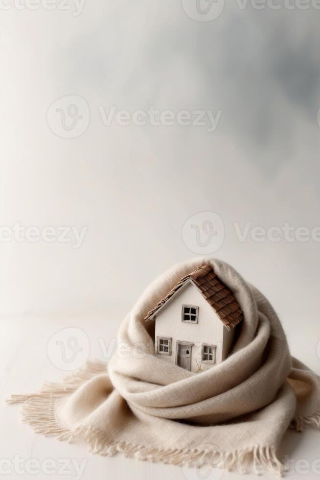 miniature house wrapped in warm scarf on light background. photo
