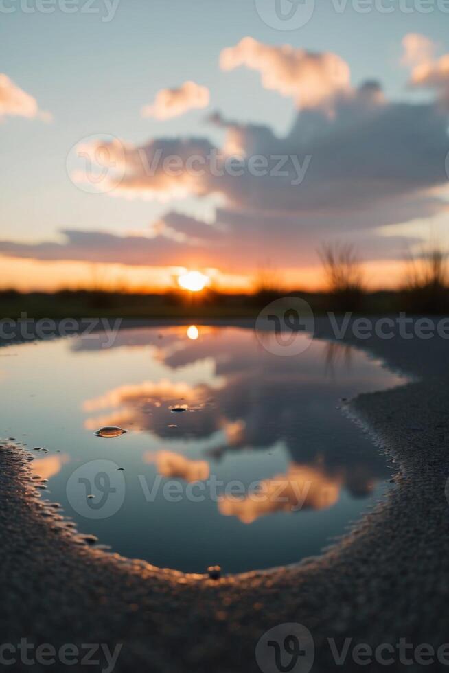 A puddle of water with the sun setting in the background. photo