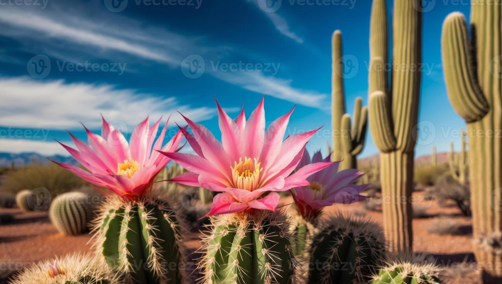 Vibrant pink cactus flowers bloom in desert landscape under blue sky. photo