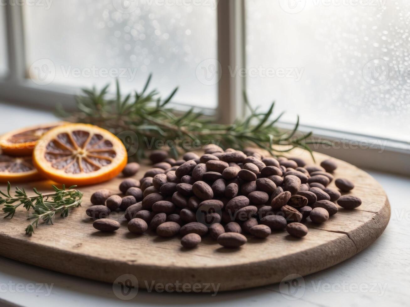 Cocoa beans arranged with dried orange slices and winter herbs on a wooden board by a frosty window. photo