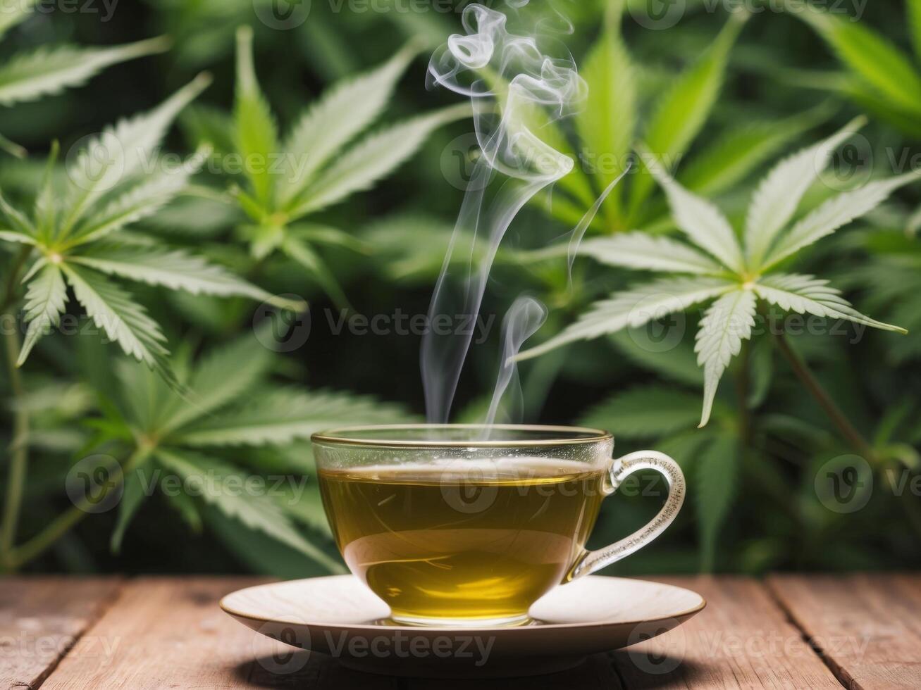 A cup of marijuana tea is sitting on a table with a leafy green background. photo