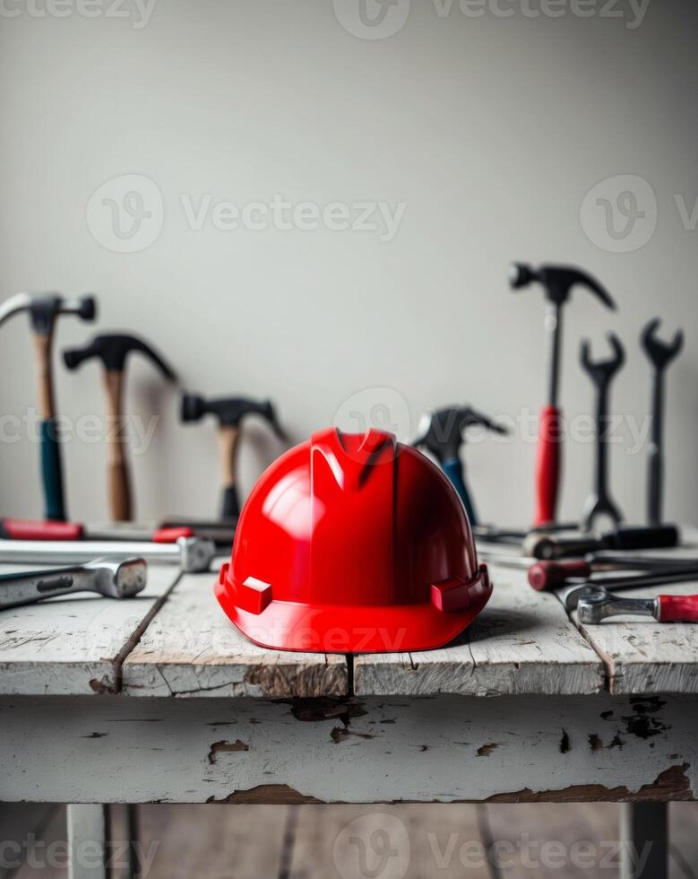 Red construction helmet on wooden surface with tools in the background. photo