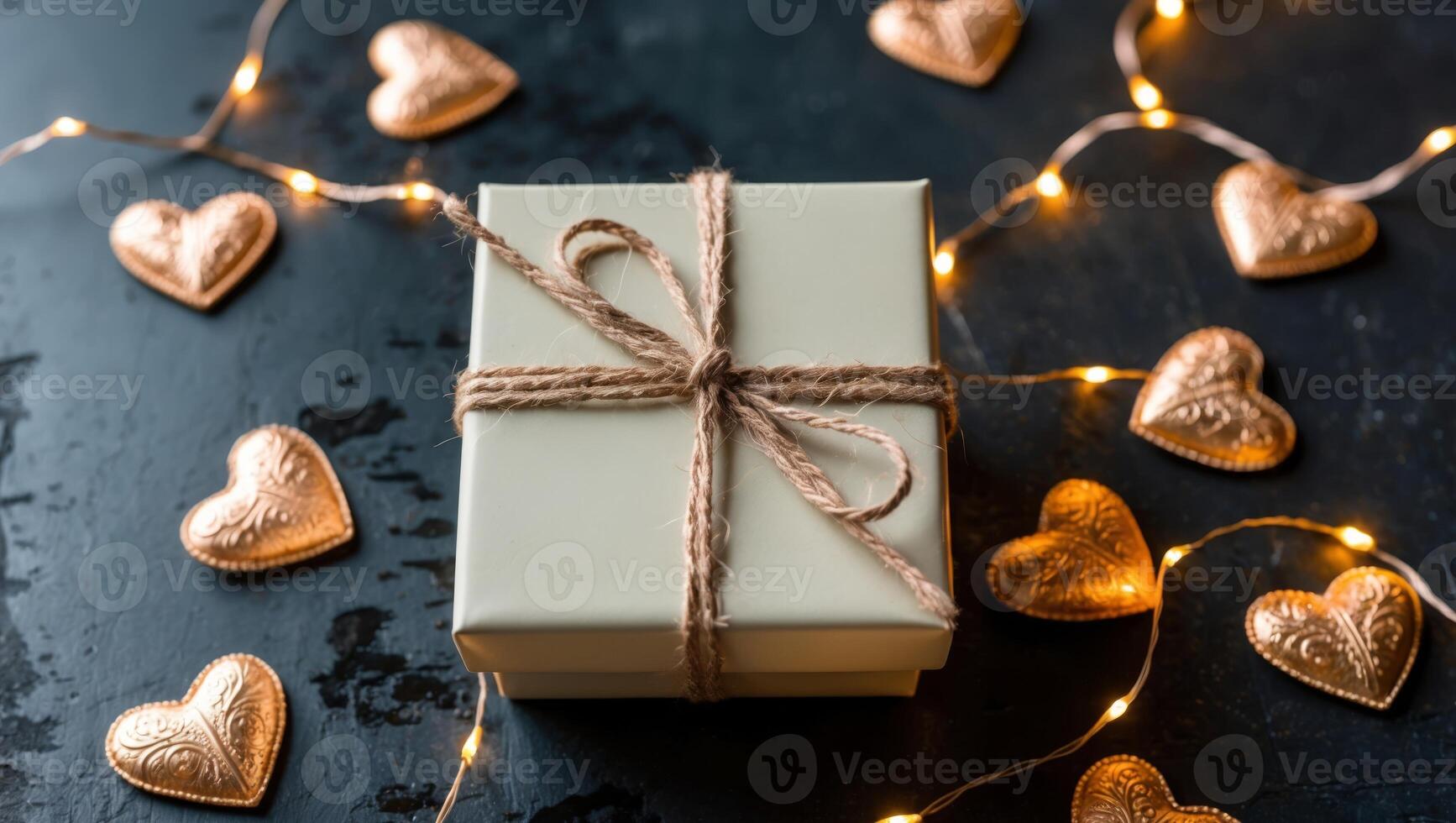 Elegant Gift Box with Natural Twine on Dark Textured Surface Surrounded by Decorative Hearts and Warm String Lights for Celebration and Special Occasions. photo
