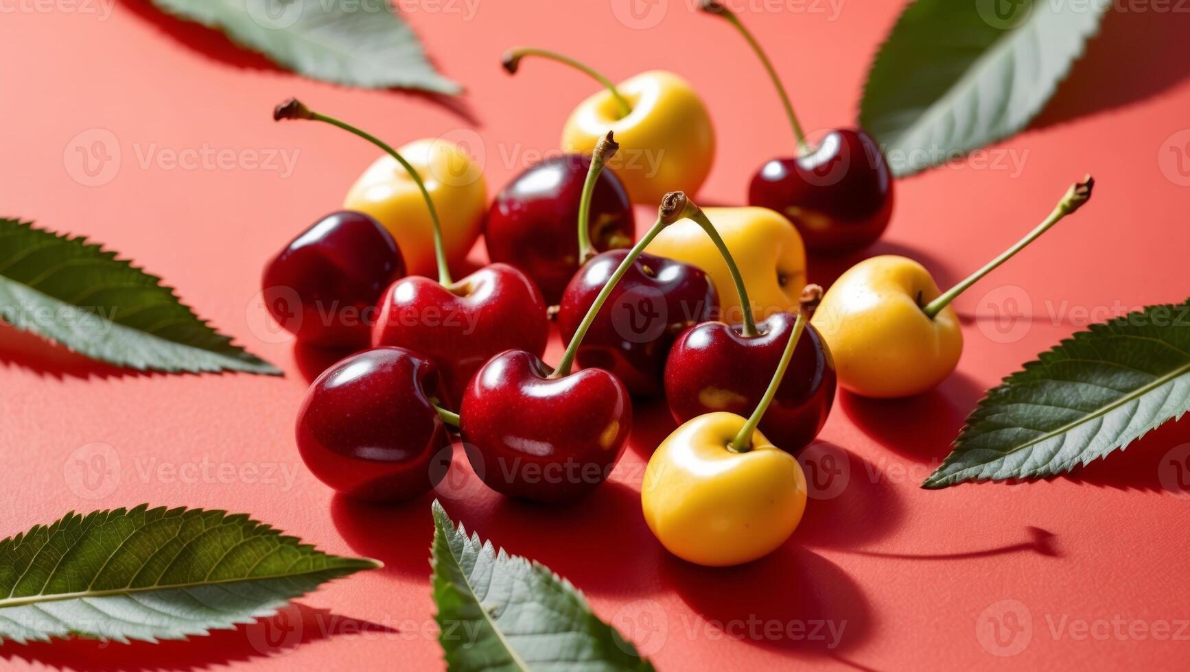 Red and yellow cherries with green leaves on a red background. photo
