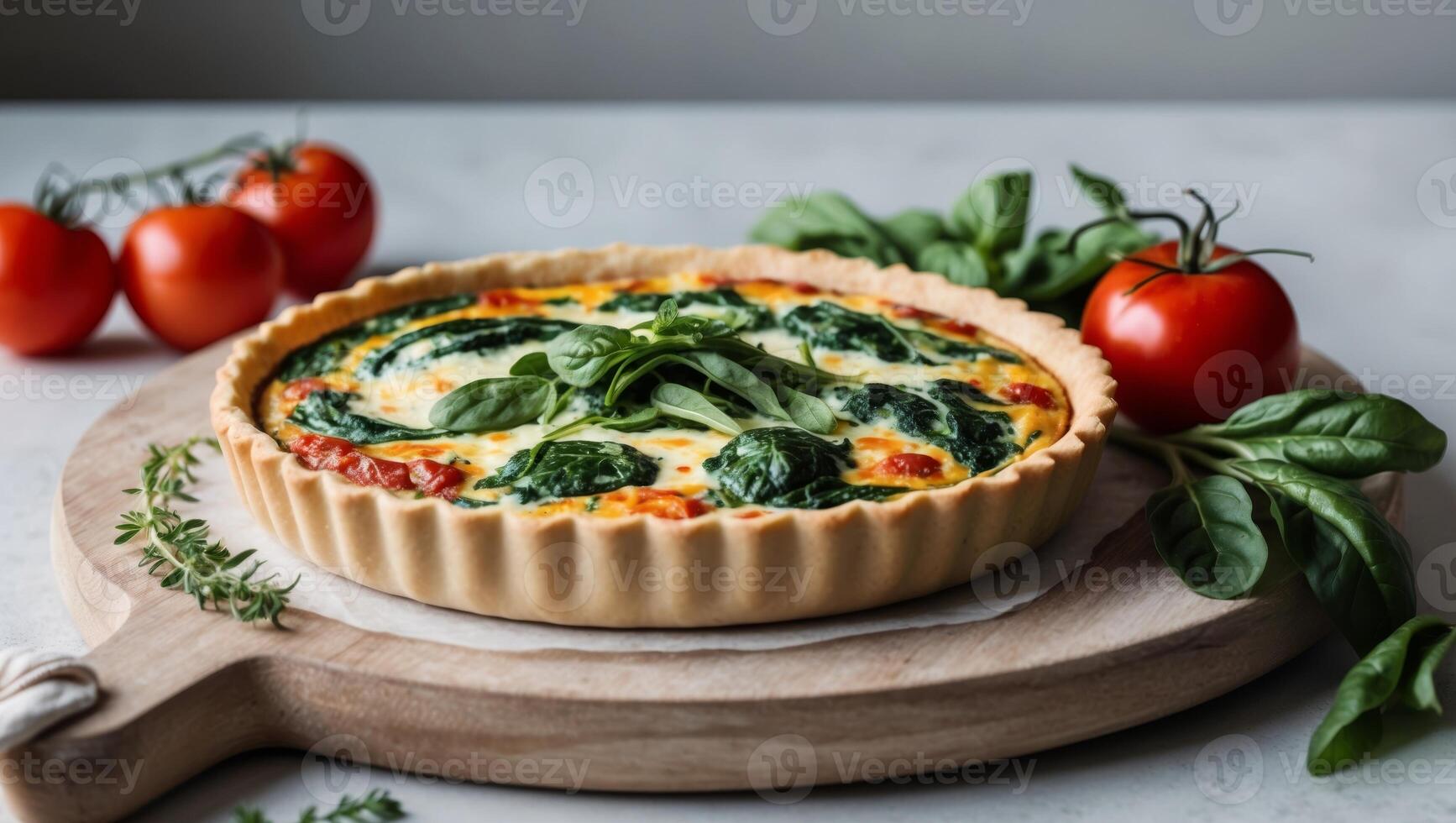 Freshly baked savory quiche with spinach and cheese accompanied by tomatoes and herbs. photo