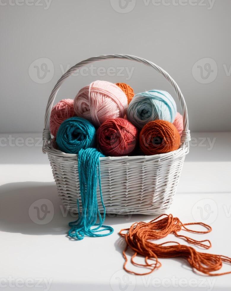 A basket of yarn with a few different colors of yarn in it. photo