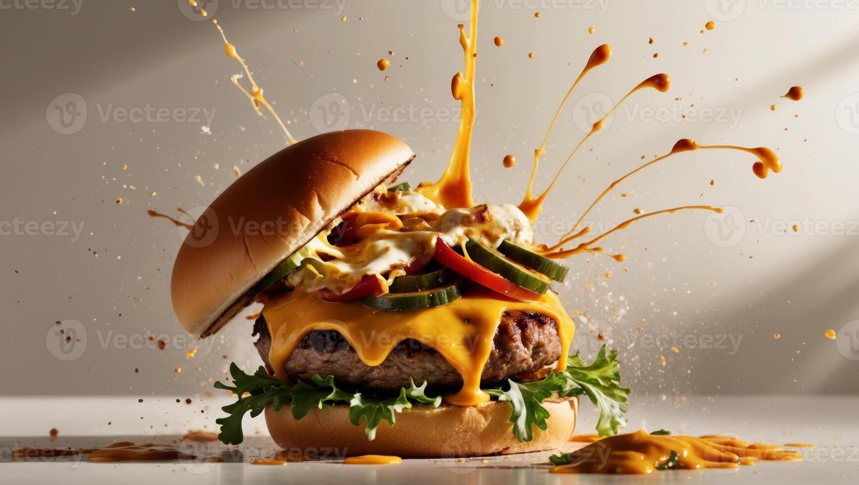 Exploding burger with vegetables and melted cheese. photo