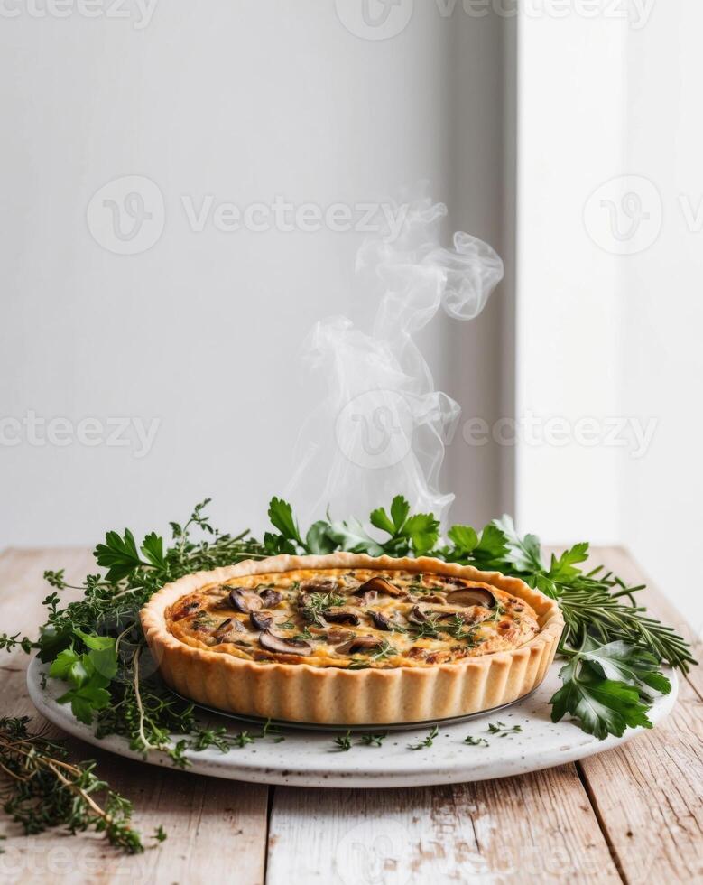 A savory mushroom quiche topped with fresh herbs and nestled on a rustic wooden surface. photo