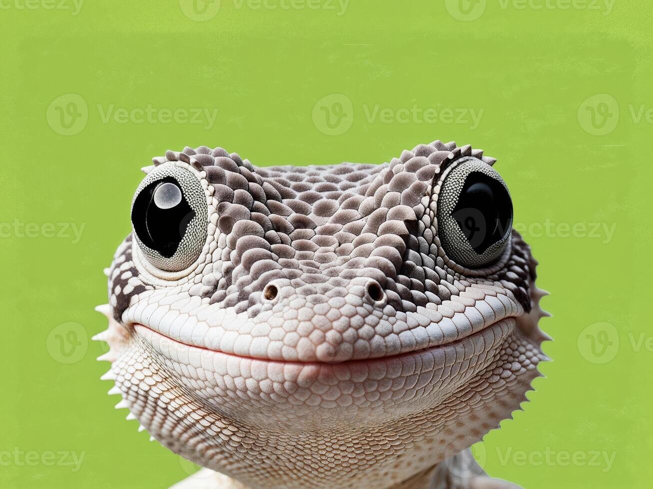 A close up of a gecko's face with a green background photo