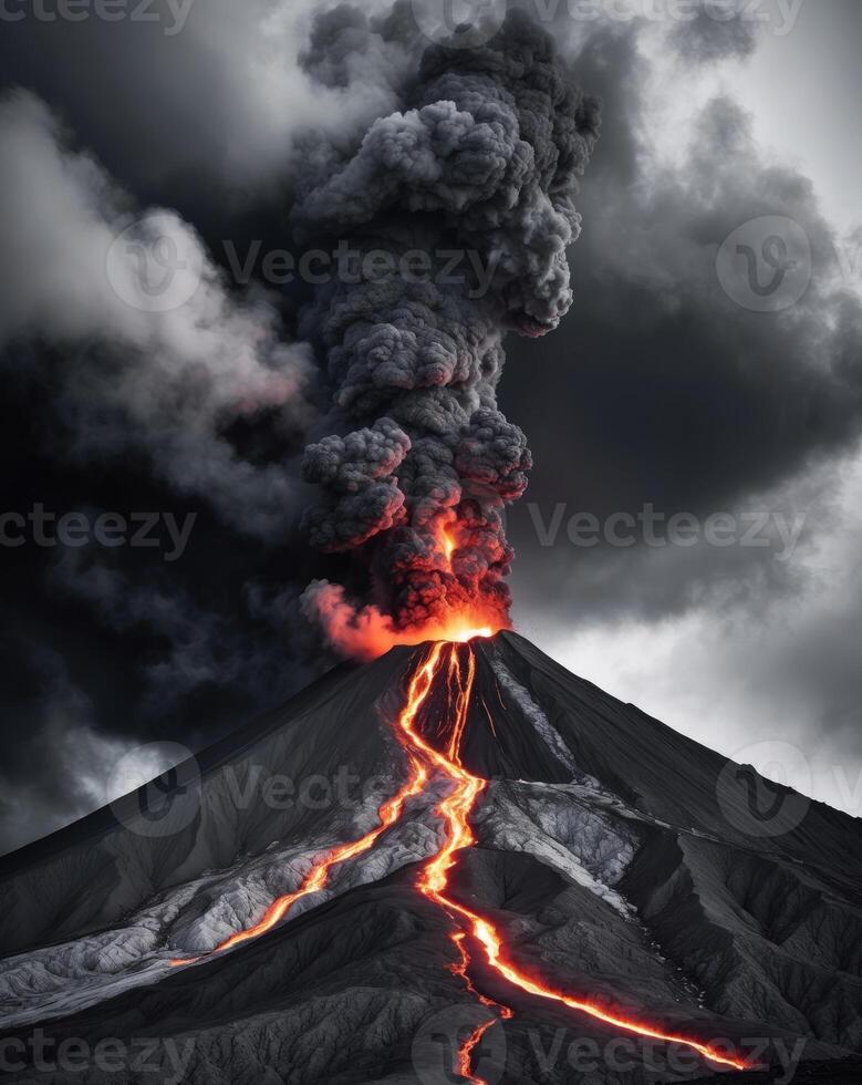 a dramatic depiction of a volcano erupting with fiery lava flows photo