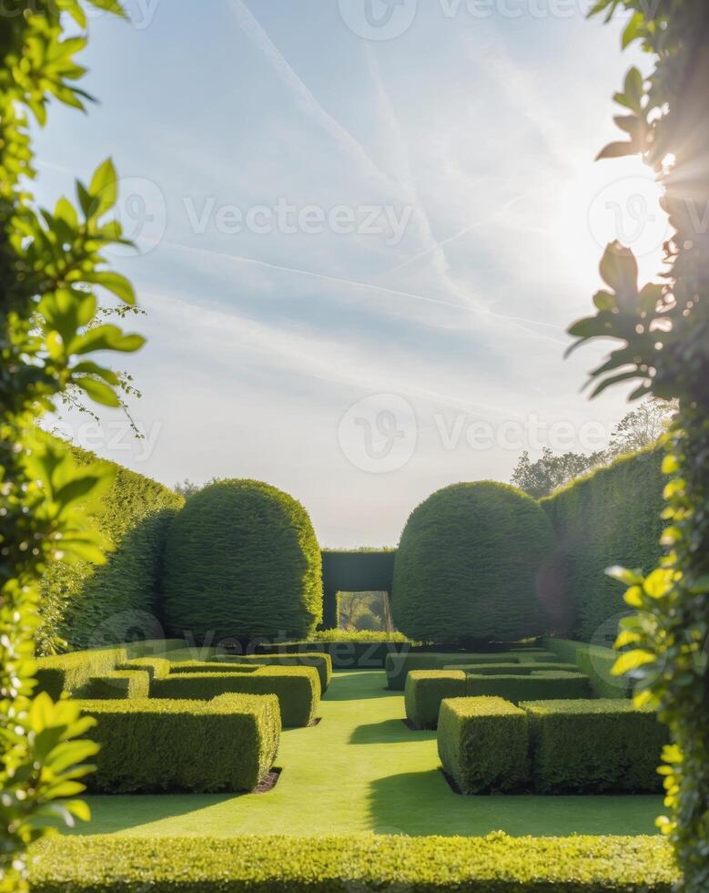 Lush Garden with Pruned Hedges and Shaped Bushes in Sunshine photo