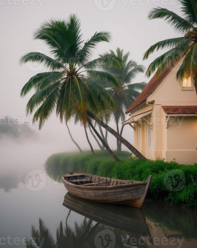 Morning mist over calm waters with a boat and palm trees in a tranquil setting near a cottage photo