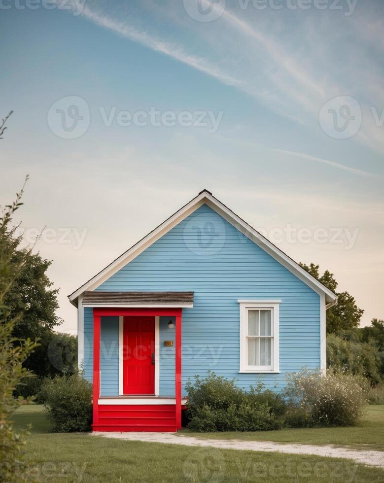 A blue house with a red door and a red porch photo