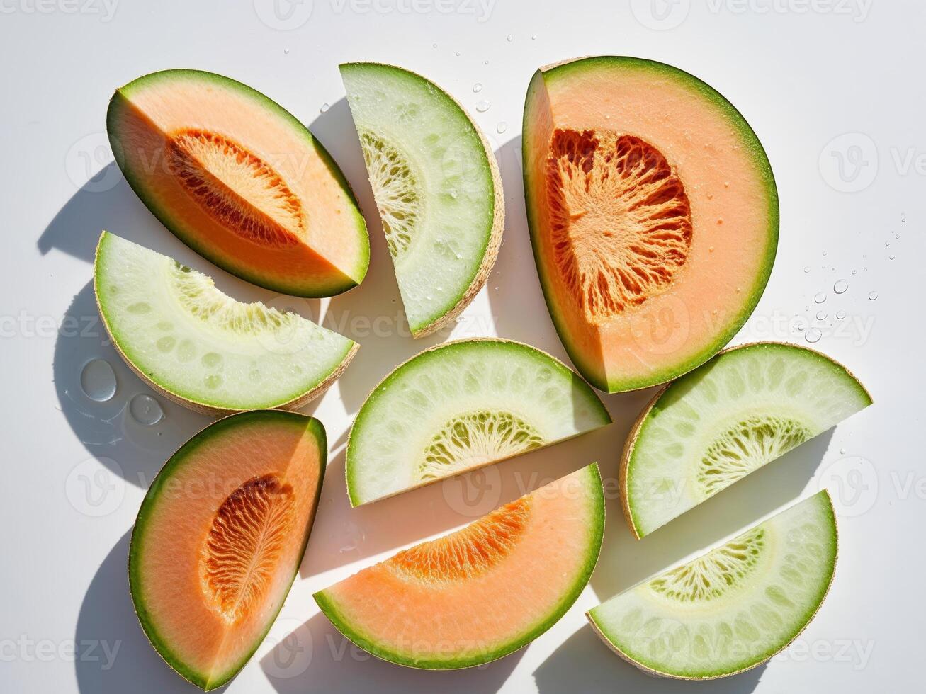 Ripe and juicy cantaloupe and honeydew melon slices photo