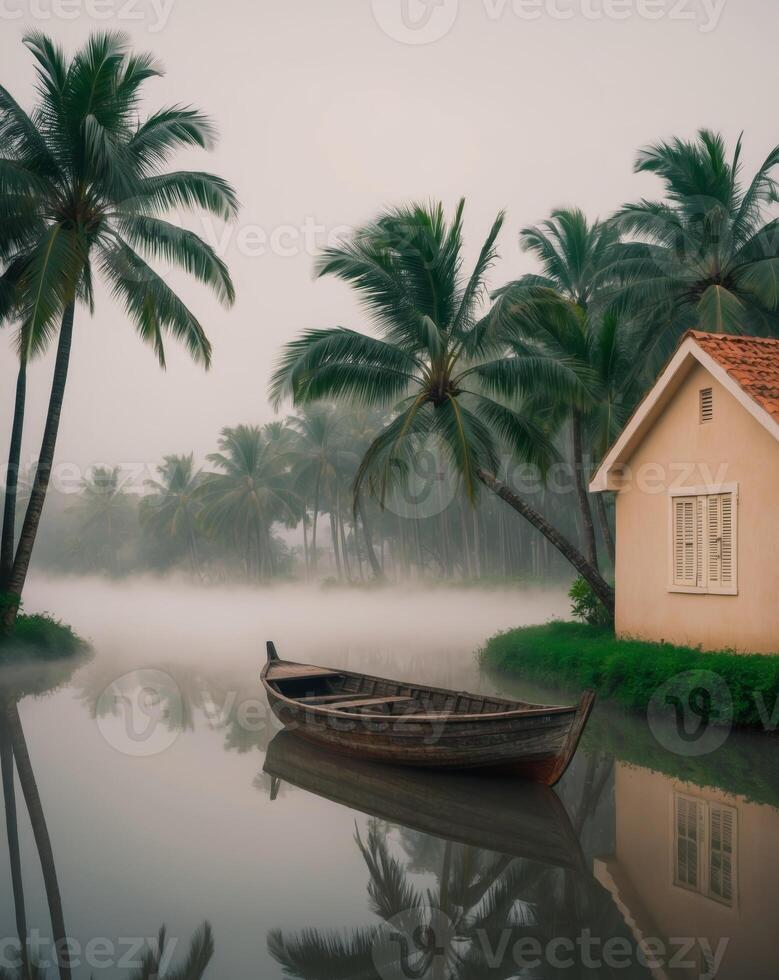 Morning mist over calm waters with a boat and palm trees in a tranquil setting near a cottage photo
