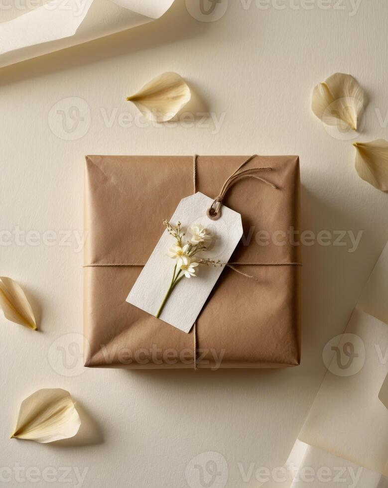 Elegant Gift Wrapping with Natural Flower Tag and Brown Paper on Neutral Background photo