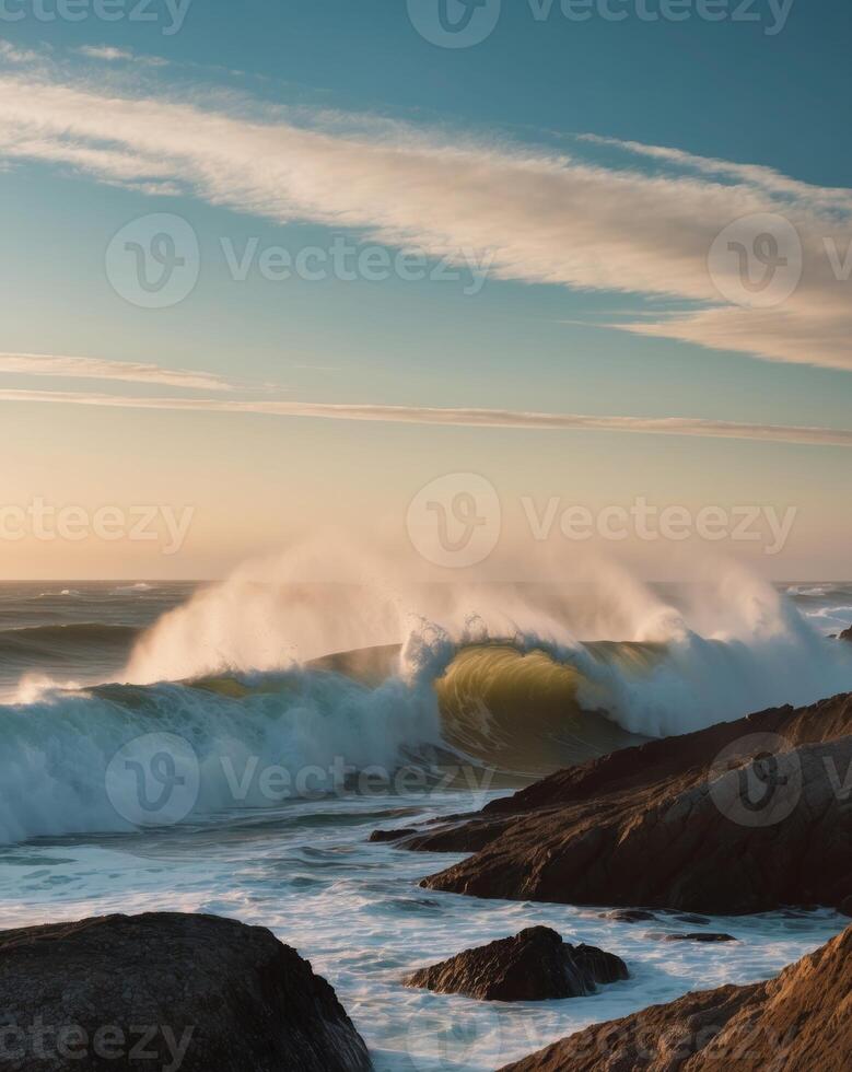 A large wave breaking on the rocks at sunset photo