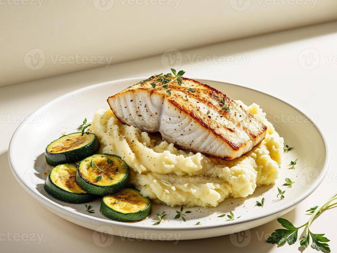 A plate with fish and mashed potatoes photo