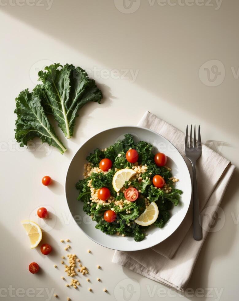 A salad with tomatoes, kale and lemon on a white plate photo