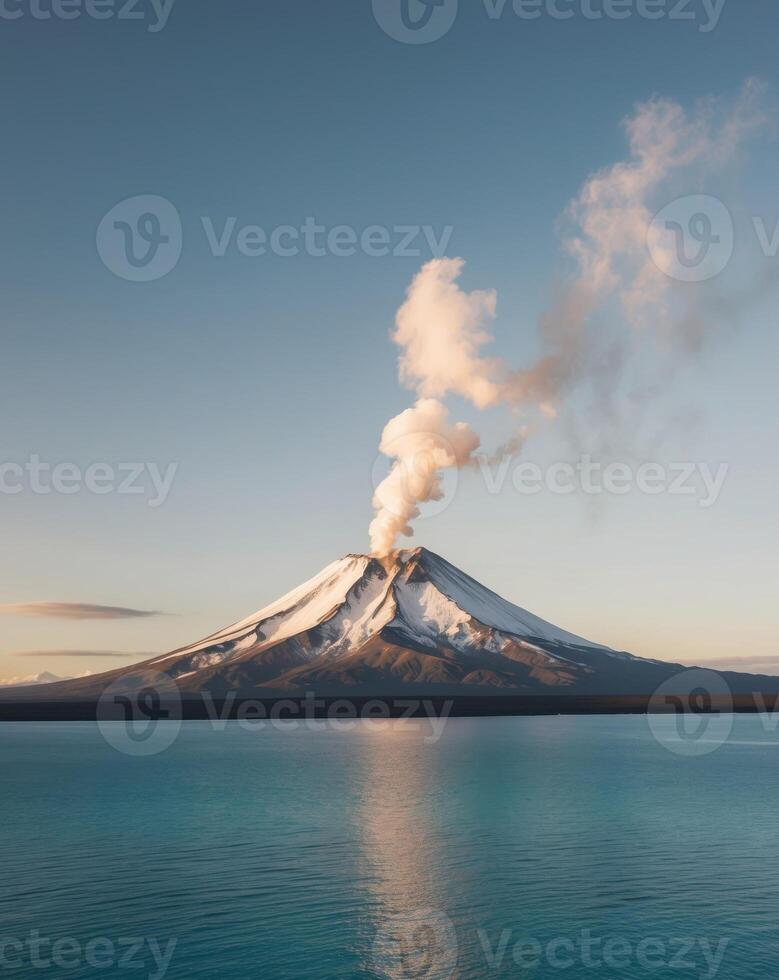 A volcano is seen from the water with smoke coming out of it photo