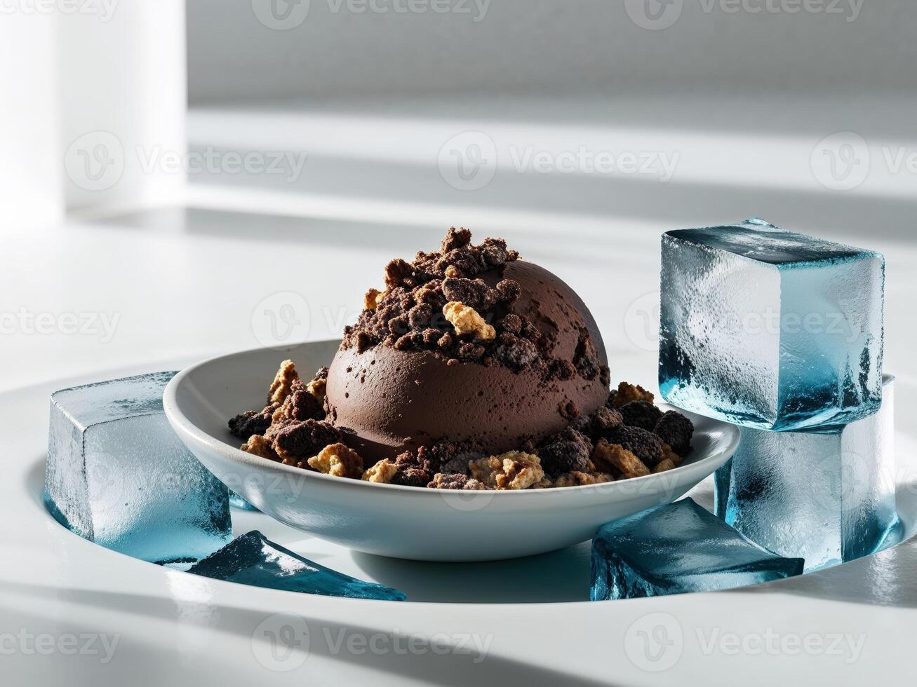 A bowl of ice cream with chocolate and walnuts photo